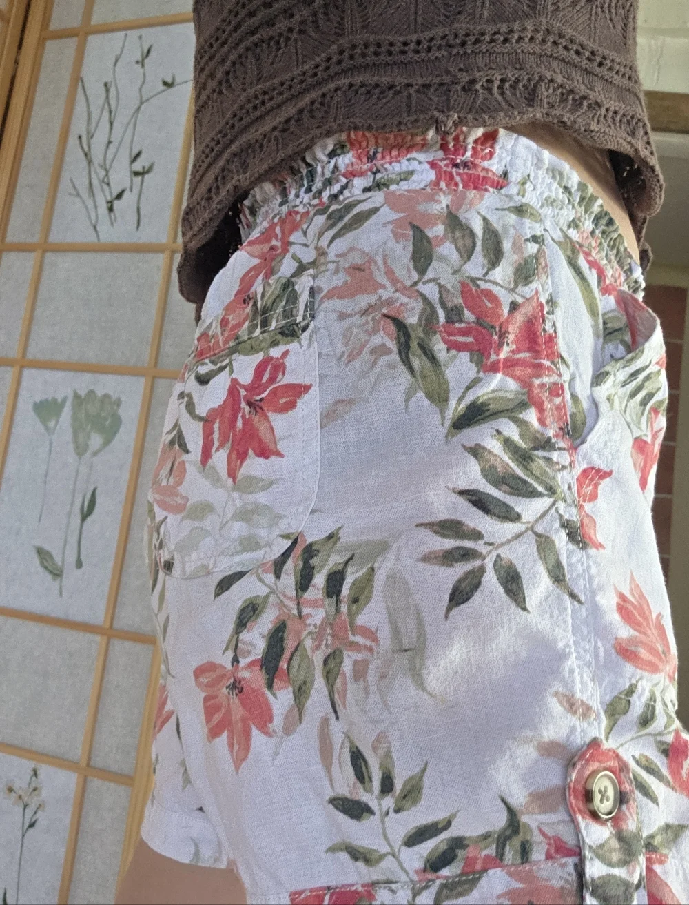 Briggs Cotton Floral Drawstring Waist Shorts - Coral & Olive on Cream - Picture 9 of 12
